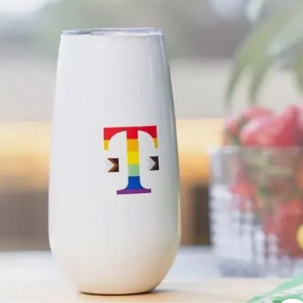 T-Mobile tumbler with plastic lid, with with T logo in pride colors, NWT